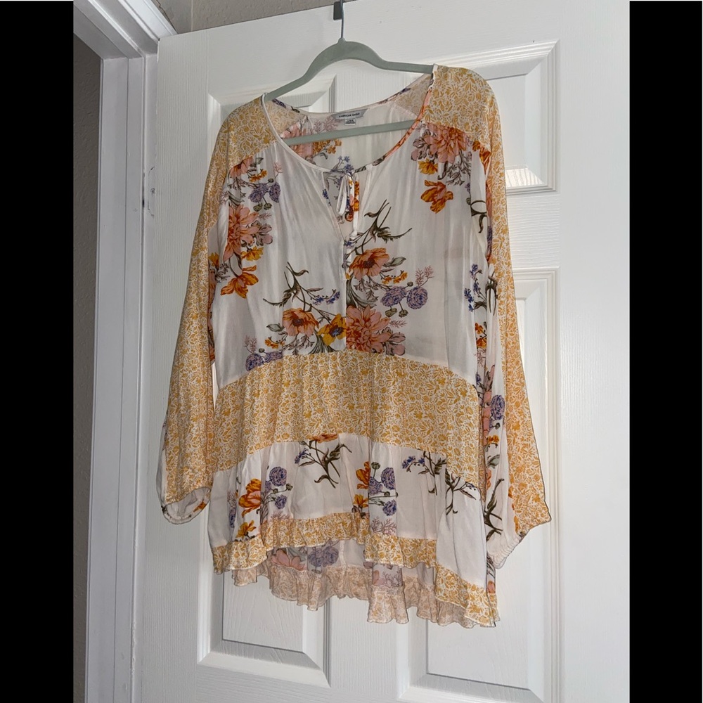 American Eagle Outfitters Floral Peasant Blouse in Cream, Yellow, Purple